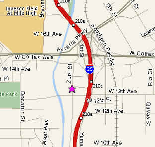 Map showing Morry's Neon location at 1330 Zuni St. #K, Denver, CO