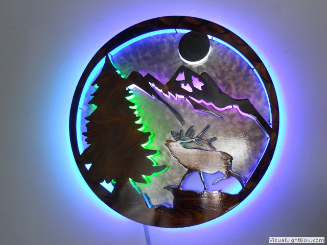 Elk mountain neon art piece - purple, blue and green illuminated metal art